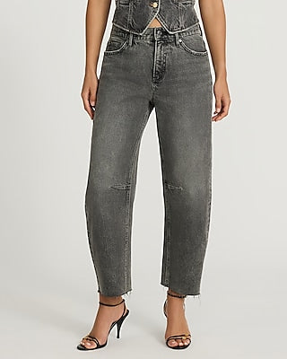 Express Women's Mid Rise Washed Black Raw Hem Barrel Jeans in Pitch Black