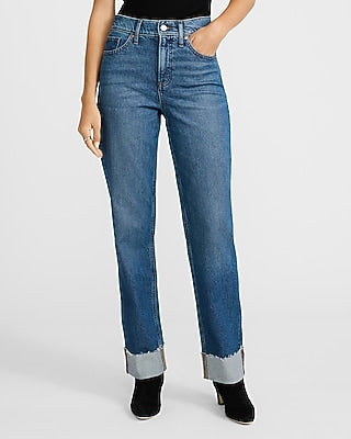 Express Women's High Waisted Cuffed Hem Straight Jeans in Dark Wash