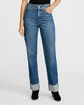 Express Women's High Waisted Dark Wash Cuffed Hem Straight Jeans in Blue, size: 0