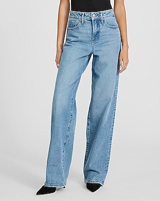 Express Women's High Waisted Medium Wash Relaxed Straight Jeans in Blue, size: 0