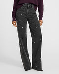 Express Women's High Waisted Black Wash Silver Studded Relaxed Straight Jeans in Pitch Black