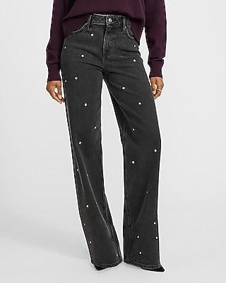 Express Women's High Waisted Black Wash Silver Studded Relaxed Straight Jeans in Pitch Black