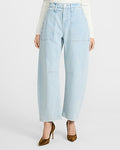 Express Women's Mid Rise Light Wash Patch Pocket Barrel Jeans in Blue, size: 0