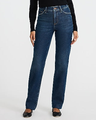Express Women's High Waisted Folded Hem Straight Jeans in Dark Wash