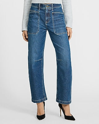 Express Women's Mid Rise Medium Wash Utility Barrel Jeans in Blue, size: 0