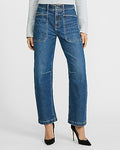 Express Women's Mid Rise Medium Wash Utility Barrel Jeans in Light Wash