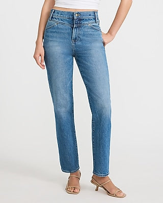 Express Women's High Waisted Medium Wash Seamed Straight Ankle Jeans in Blue, size: 0