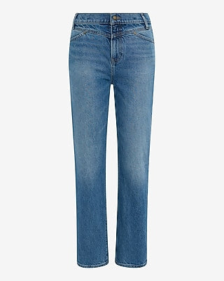 Express Women's High Waisted Seamed Straight Ankle Jeans in Medium Wash