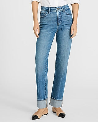 Express Women's High Waisted Medium Wash Cuffed Straight Jeans in Blue, size: 0