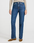 Express Women's High Waisted Dark Wash Straight Jeans in Blue, size: 0