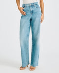 Express Women's High Waisted Relaxed Raw Hem Straight Jeans in Medium Wash