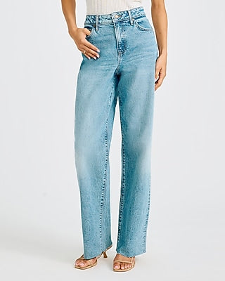 Express Women's High Waisted Relaxed Raw Hem Straight Jeans in Medium Wash