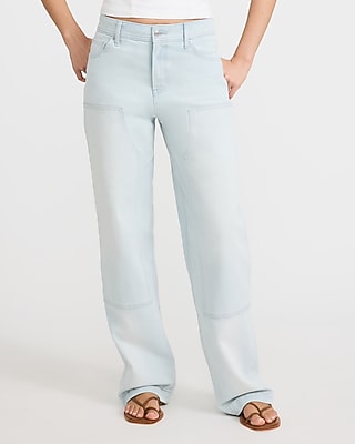 Express Women's High Waisted Light Wash Relaxed Straight Carpenter Jeans in Blue, size: 0