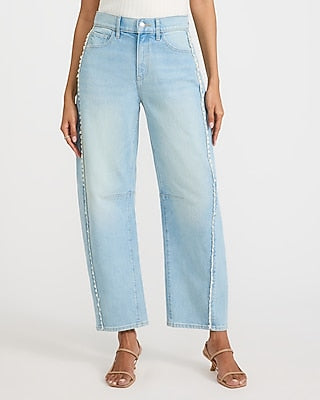 Express Women's Mid Rise Light Wash Crochet Trim Barrel Jeans in Blue, size: 0