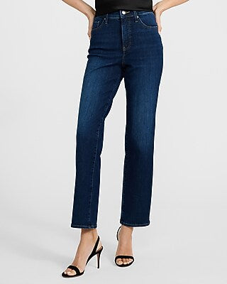 Express Women's High Waisted Medium Wash Straight Ankle Jeans in Blue, size: 0