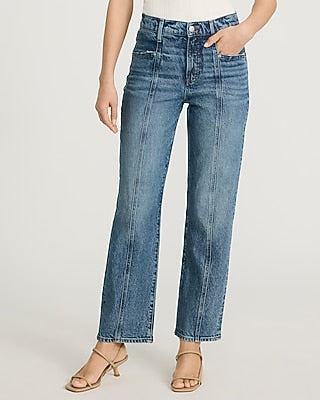 Express Women's High Waisted Medium Wash Seam Detail Straight Ankle Jeans in Blue, size: 0
