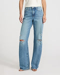 Express Women's High Waisted Light Wash Ripped Relaxed Straight Jeans in Blue, size: 0