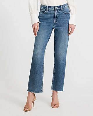 Express Women's High Waisted Raw Hem Straight Ankle Jeans in Medium Wash