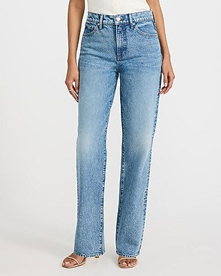 Express Women's High Waisted Medium Wash Straight Jeans in Blue, size: 0