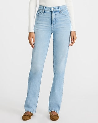 Express Women's High Waisted Light Wash Straight Jeans in Blue, size: 0