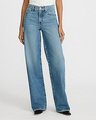 Express Women's High Waisted Light Wash 50/50 Rigid Stretch Wide Leg Palazzo Jeans in Blue, size: 0