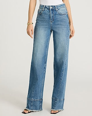 Express Women's High Waisted Tall Hem Wide Leg Palazzo Jeans in Medium Wash