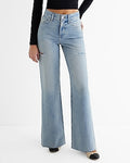 Express Women's High Waisted Raw Hem Ripped Sides Wide Leg Palazzo Jeans in Light Wash
