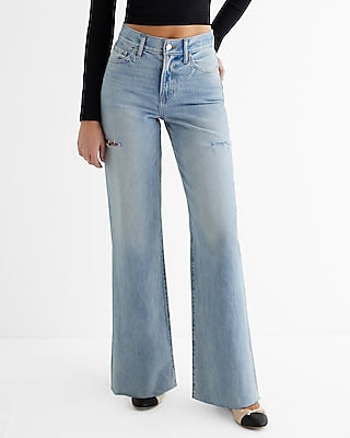 Express Women's High Waisted Raw Hem Ripped Sides Wide Leg Palazzo Jeans in Light Wash