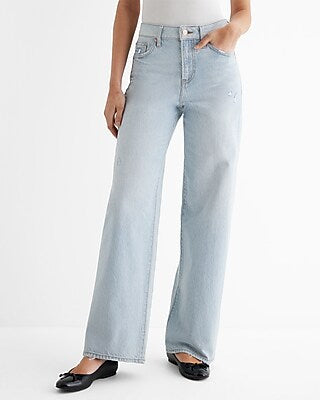 Express Women's High Waisted 50/50 Rigid Stretch Wide Leg Palazzo Jeans in Light Wash
