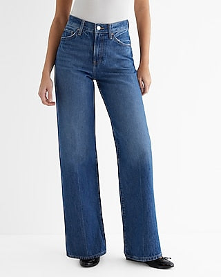 Express Women's High Waisted Dark Wash Wide Leg Palazzo Jeans in Light Wash