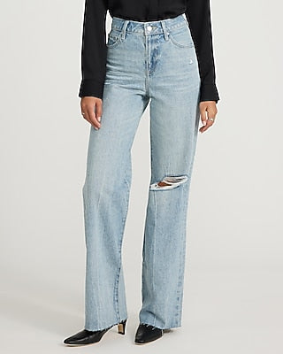 Express Women's High Waisted 50/50 Rigid Stretch Ripped Wide Leg Palazzo Jeans in Light Wash
