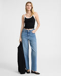 Express Women's High Waisted Raw Hem 50/50 Rigid Stretch Wide Leg Palazzo Jeans in Light Wash