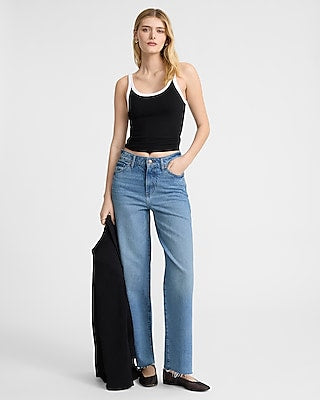 Express Women's High Waisted Raw Hem 50/50 Rigid Stretch Wide Leg Palazzo Jeans in Light Wash