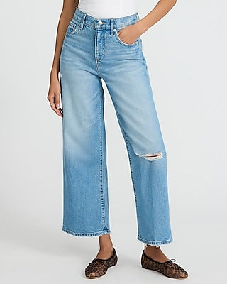 Express Women's High Waisted Ripped Wide Leg Palazzo Ankle Jeans in Light Wash