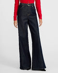 Express Women's High Waisted Rinse Belted Wide Leg Palazzo Jeans in Dark Wash