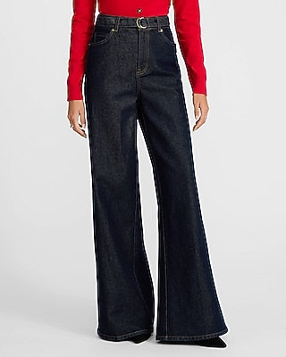 Express Women's High Waisted Rinse Belted Wide Leg Palazzo Jeans in Dark Wash