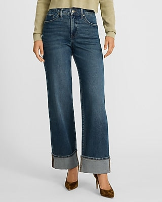 Express Women's High Waisted Cuffed Wide Leg Palazzo Jeans in Medium Wash