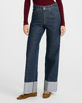 Express Women's High Waisted Dark Wash Cuffed Wide Leg Palazzo Jeans in Blue, size: 0
