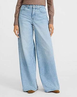 Express Women's High Waisted Relaxed Wide Leg Palazzo Stretch Jeans in Light Wash