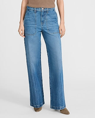 Express Women's High Waisted Light Wash Utility Wide Leg Palazzo Jeans in Dark Wash