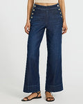 Express Women's High Waisted Dark Wash Novelty Button Wide Leg Palazzo Ankle Jeans in Blue, size: 0
