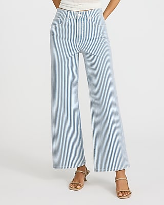 Express Women's High Waisted Wide Leg Palazzo Ankle Jeans in Navy Stripe