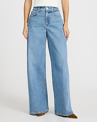 Express Women's High Waisted Relaxed Wide Leg Palazzo Stretch Jeans in Blue, size: 0