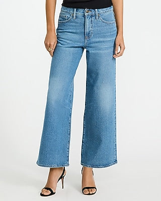 Express Women's High Waisted Medium Wash Wide Leg Palazzo Ankle Jeans in Blue, size: 0