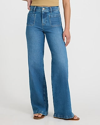 Express Women's High Waisted Medium Wash Patch Pocket Wide Leg Palazzo Jeans in Blue, size: 0