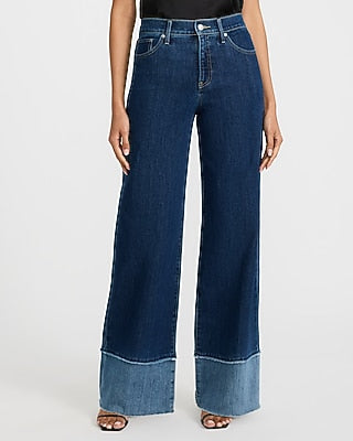 Express Women's High Waisted Wide Leg Palazzo Contrast Hem Jeans in Dark Wash