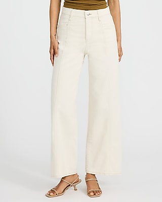 Express Women's High Waisted Ivory Seamed Wide Leg Palazzo Ankle Jeans in White, size: 0