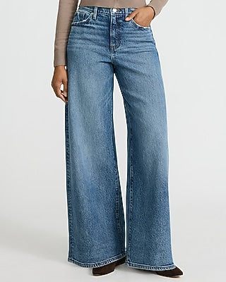 Express Women's High Waisted Relaxed Wide Leg Palazzo Stretch Jeans in Medium Wash