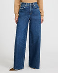 Express Women's High Waisted Raw Hem Relaxed Wide Leg Palazzo Stretch Jeans in Dark Wash