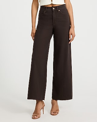 Express Women's High Waisted Chocolate Raw Hem Wide Leg Palazzo Ankle Jeans in Brown, size: 0